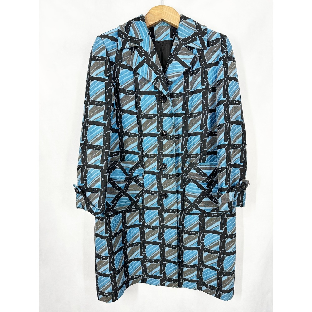 60s Betty Rose Blue Funky Geometric Vintage Woven Rain Coat Approx‎ Size Large
